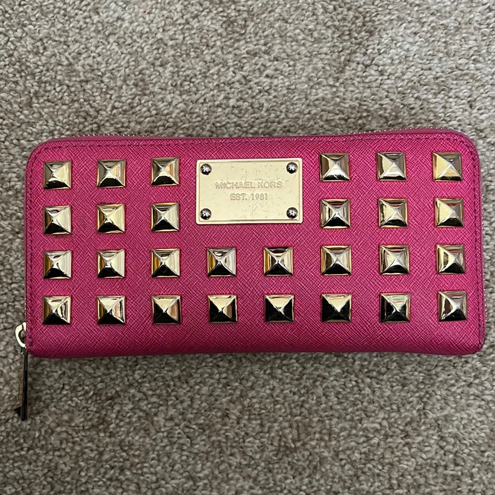 Michael Kors Pink Leather Studded Zip Around Wallet